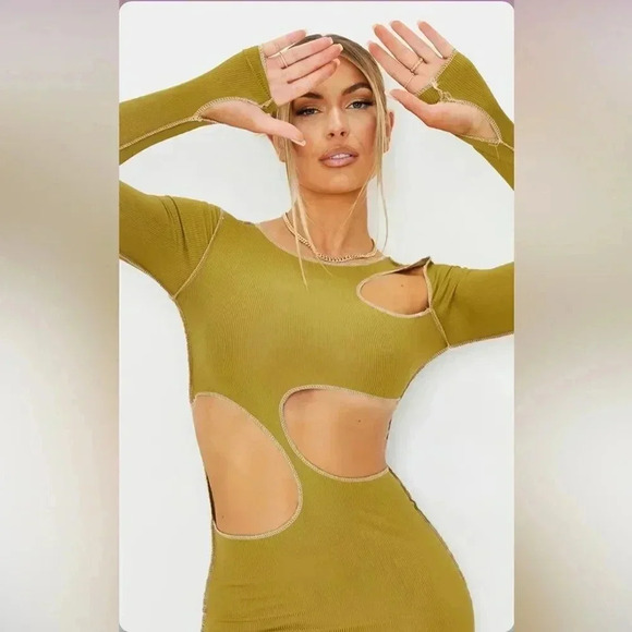 Pretty Little Things Olive Ribbed Contrast Stitch Cut Out Long Sleeve Dress - Picture 1 of 12